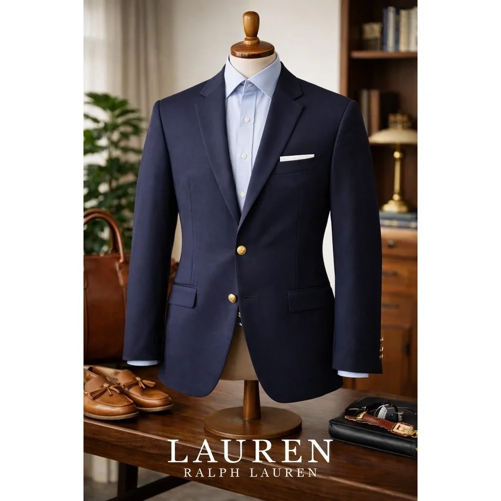 Lauren Ralph Lauren Wool Blazer Navy Men's 46L Wool Gold Buttons Business Casual